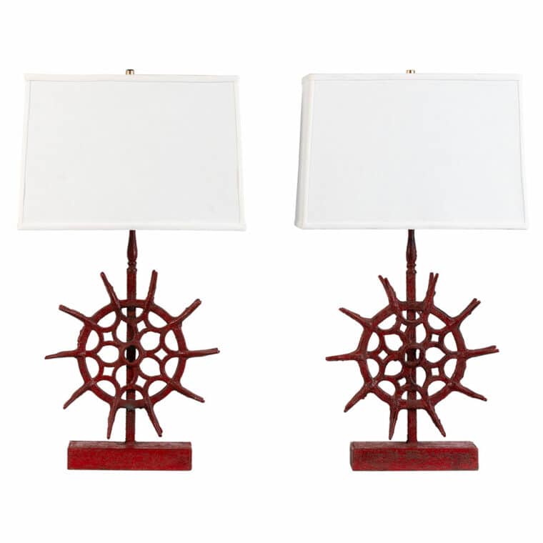 Pair of Red Metal Found Spindle Lamps